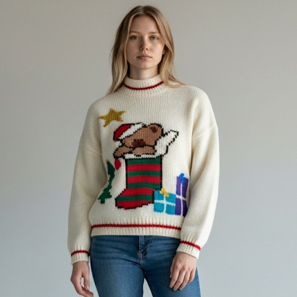 Womens‎ Retro Christmas Sweater Bear Handknit Yarn Mockneck Sz S/M